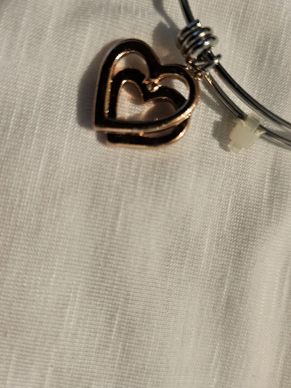 Two-Tone Heart Charm Bangle Bracelet - Silver Band with Rose Gold Heart
